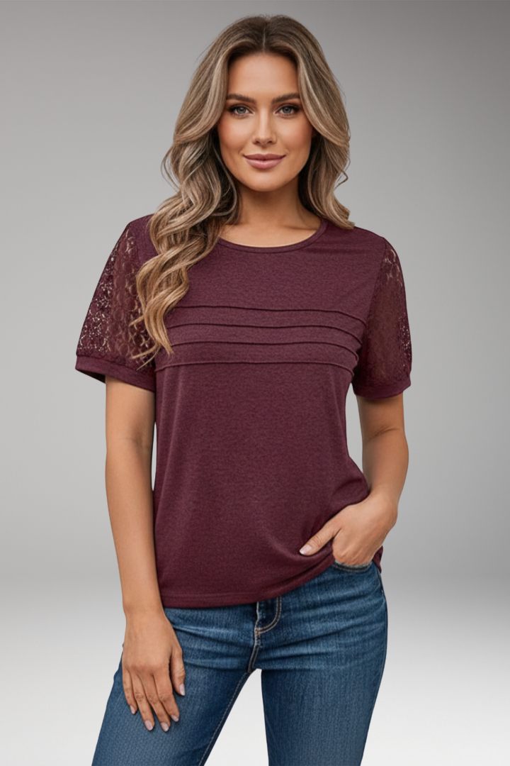 Women T'Shirt with Crochet Sleeves and Crew Neck