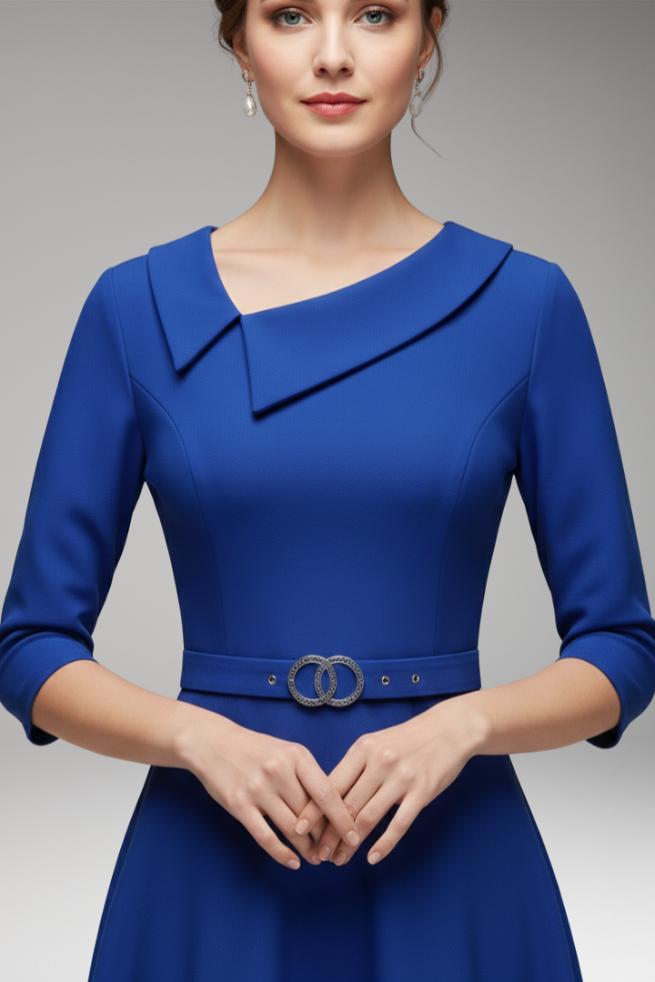 Women's 3/4 Sleeve Festive Dress with Asymmetrical Neckline and Belt