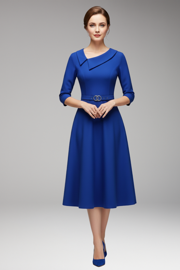 Women's 3/4 Sleeve Festive Dress with Asymmetrical Neckline and Belt