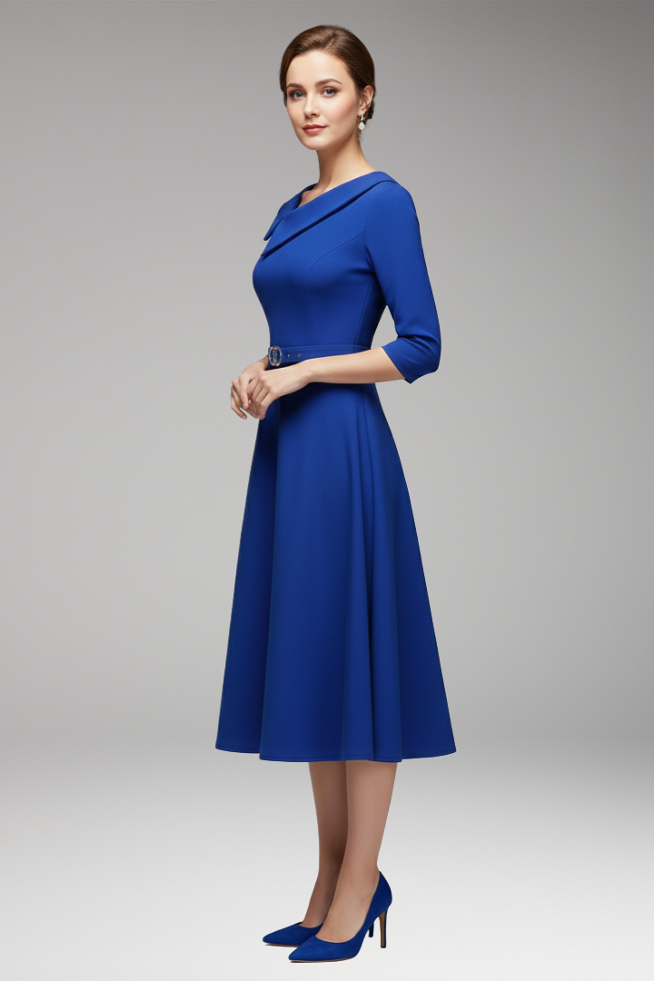 Women's 3/4 Sleeve Festive Dress with Asymmetrical Neckline and Belt