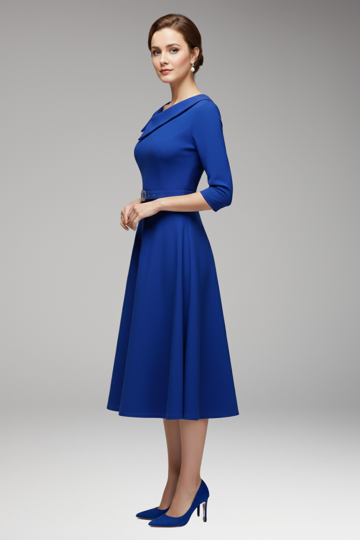 Women's 3/4 Sleeve Festive Dress with Asymmetrical Neckline and Belt