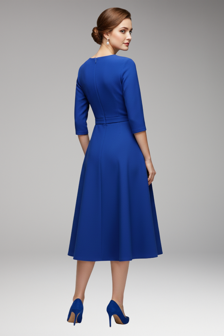 Women's 3/4 Sleeve Festive Dress with Asymmetrical Neckline and Belt
