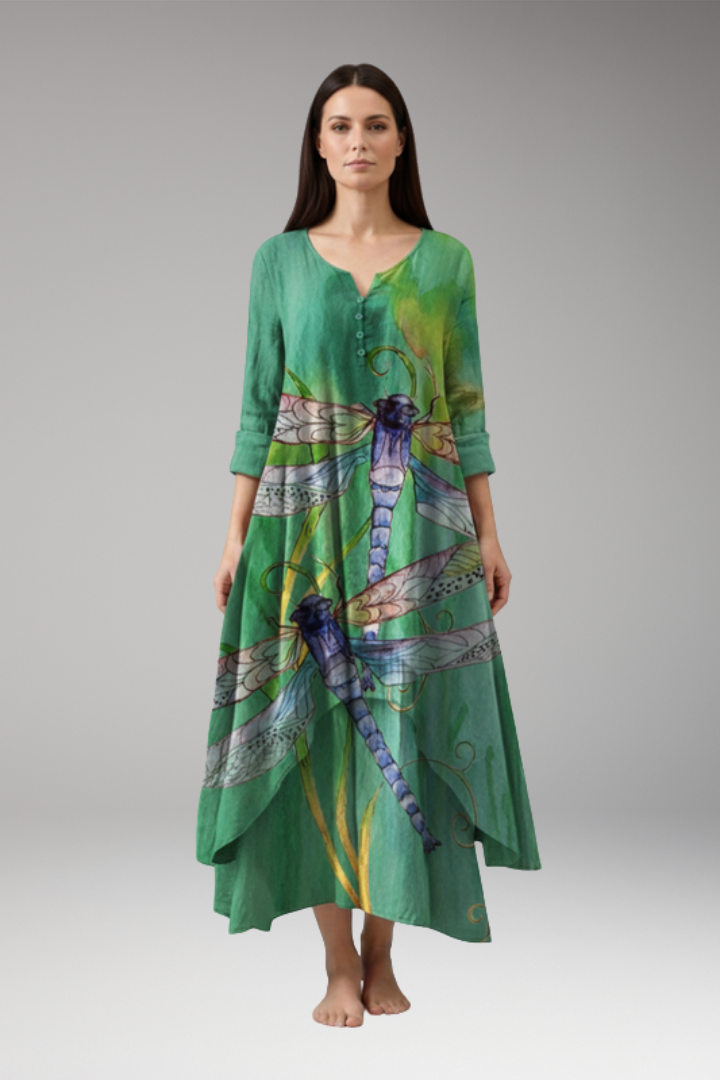 Women's A-Line Dress with Vintage O-Neck and Pockets