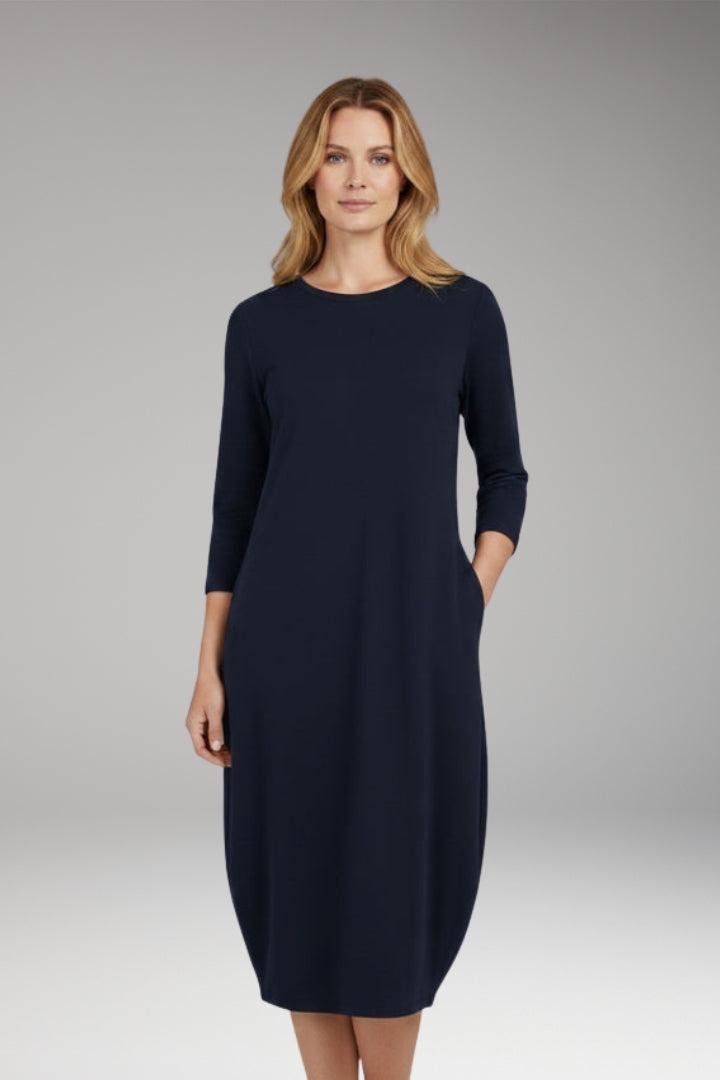 Women's A-Line Midi Dress with Round Neckline and Pocket