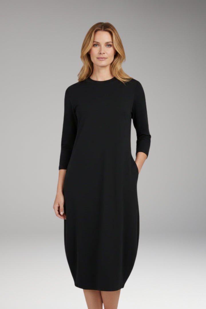 Women's A-Line Midi Dress with Round Neckline and Pocket