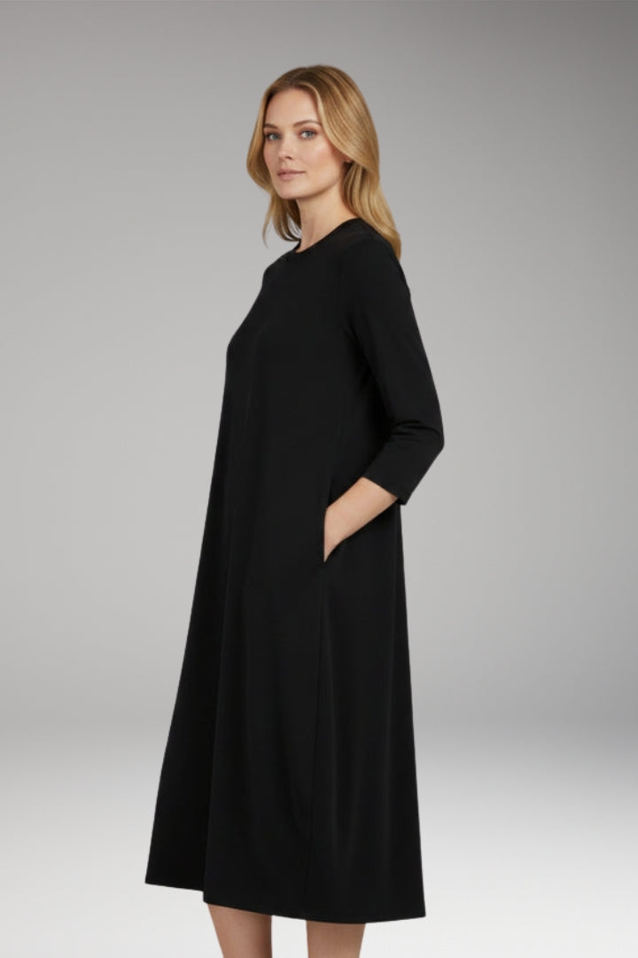Women's A-Line Midi Dress with Round Neckline and Pocket