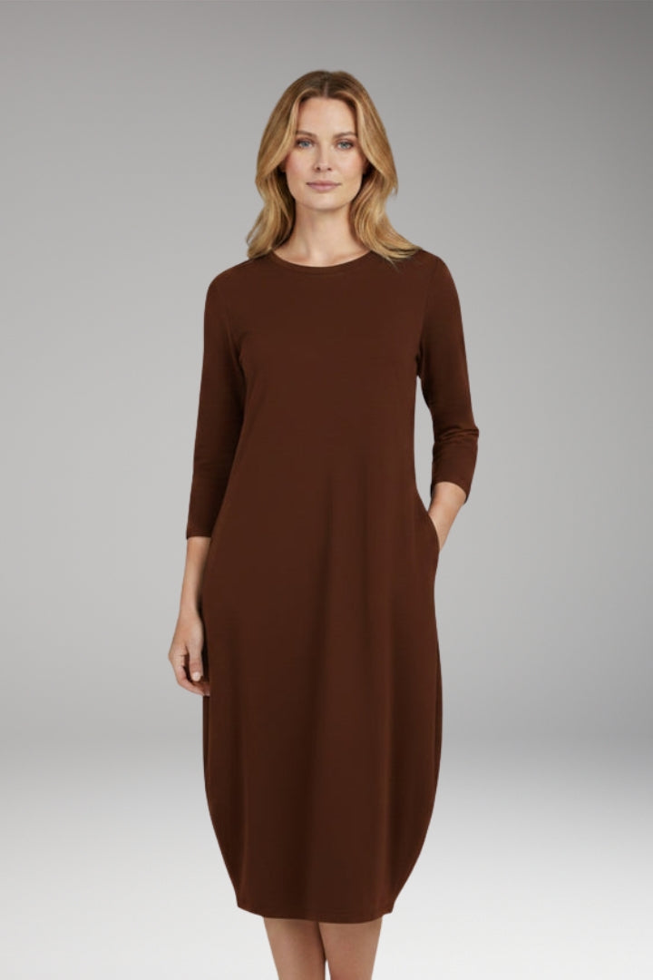 Women's A-Line Midi Dress with Round Neckline and Pocket