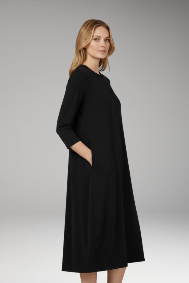 Women's A-Line Midi Dress with Round Neckline and Pocket
