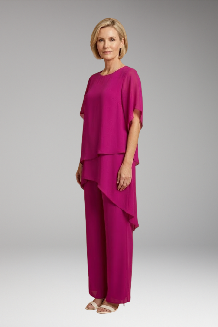 Women's Asymmetric Top Trouser Set with Fluid Design and Wide-Leg Fit