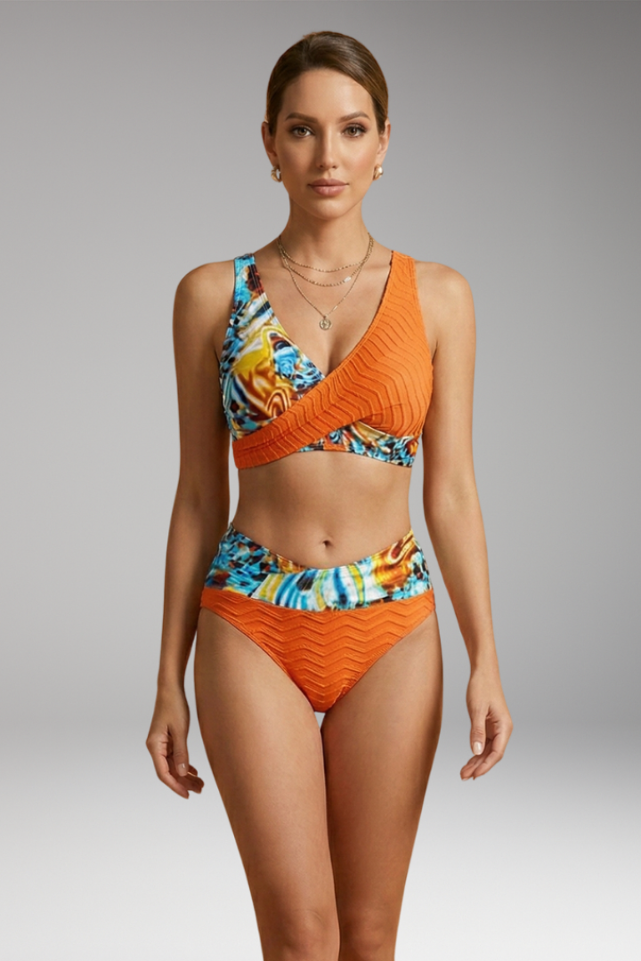 Women's Bikini Set with Crossover Design and High-Waisted Bottoms