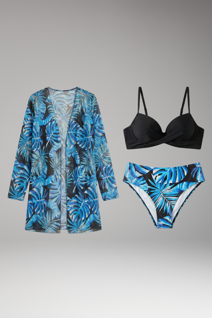 Women's Bikini Set with High-Waisted Bottoms and Kimono Cover Up
