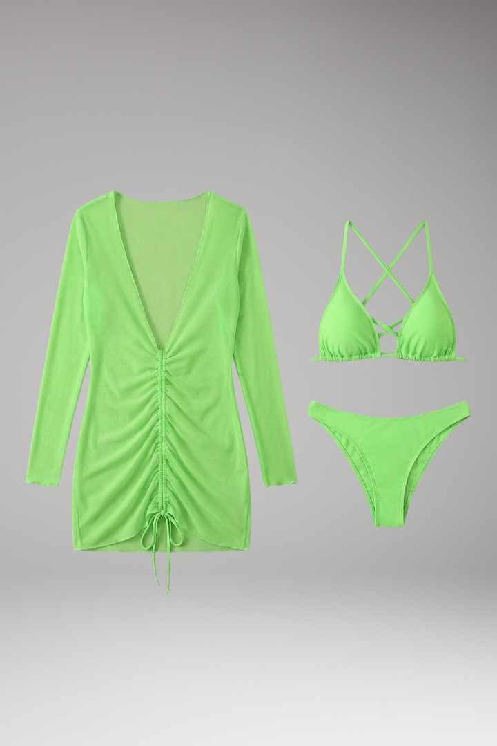 Women's Bikini Set with Long Gauze Skirt and Crisscross Straps