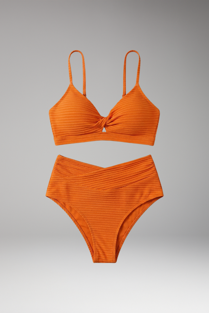 Women's Bikini Set with Ribbed Texture and High-Waisted Bottom
