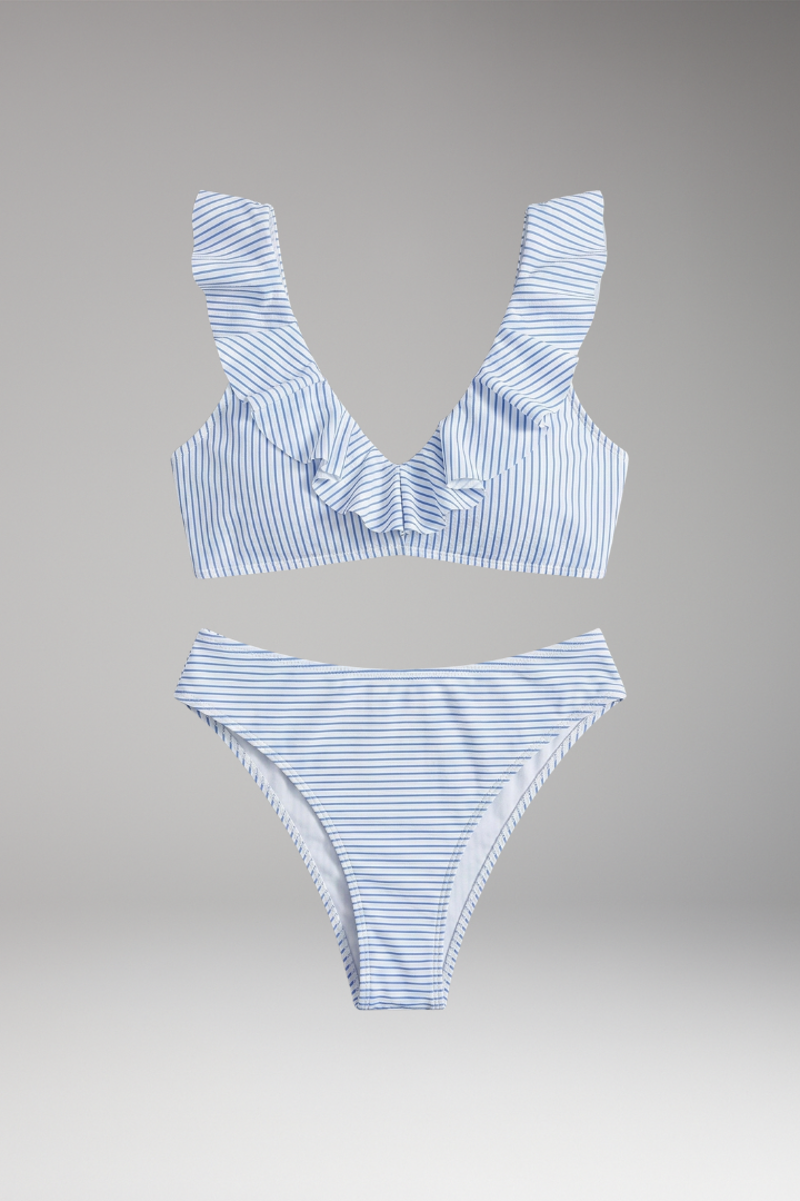 Women's Bikini Set with Striped Design and High-Waisted Bottoms