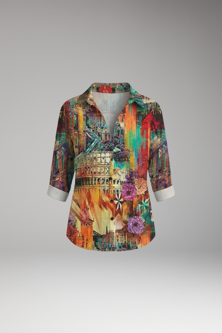 Women's Blouse with Artistic Print and V-Neck