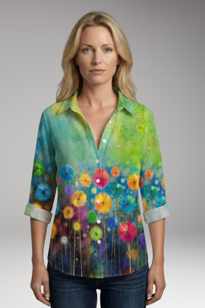 Women's Blouse with Artistic Print and V-Neck