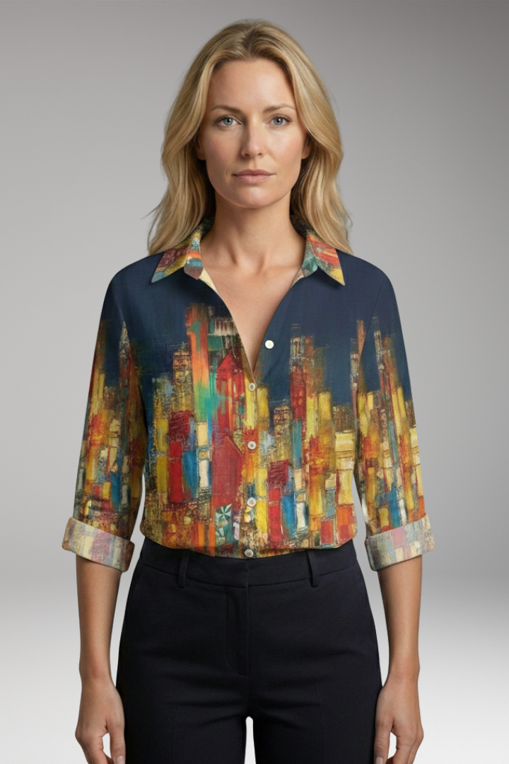 Women's Blouse with Artistic Print and V-Neck