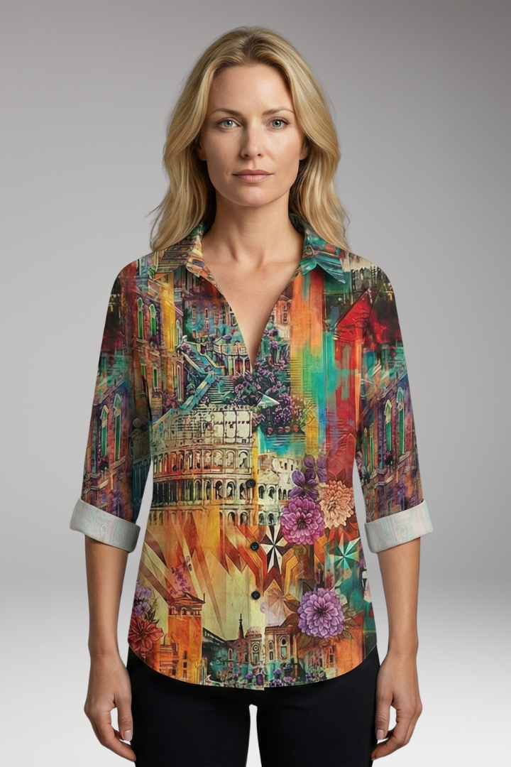 Women's Blouse with Artistic Print and V-Neck