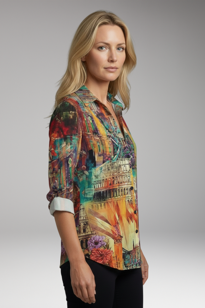 Women's Blouse with Artistic Print and V-Neck