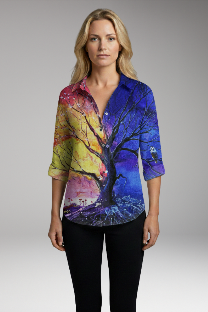 Women's Blouse with Artistic Print and V-Neck