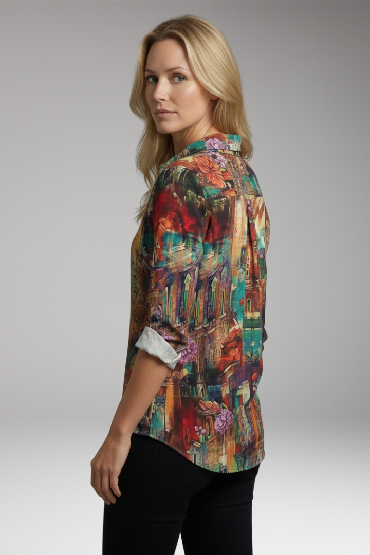 Women's Blouse with Artistic Print and V-Neck