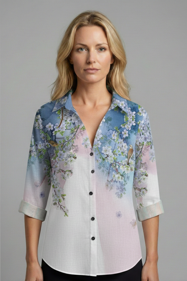 Women's Blouse with Artistic Print and V-Neck