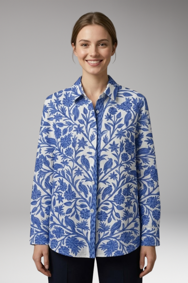 Women's Blouse with Blue Floral and Bird Print