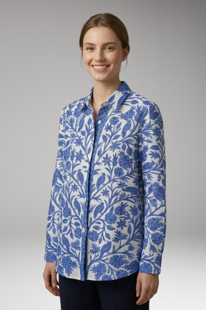 Women's Blouse with Blue Floral and Bird Print