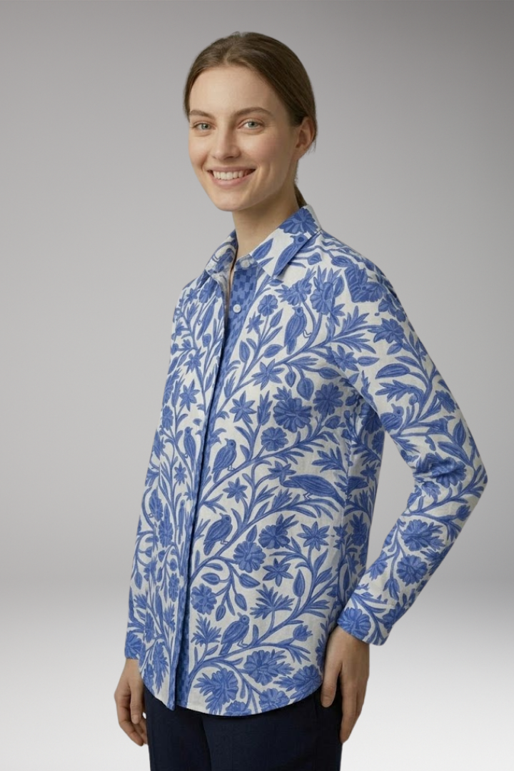 Women's Blouse with Blue Floral and Bird Print