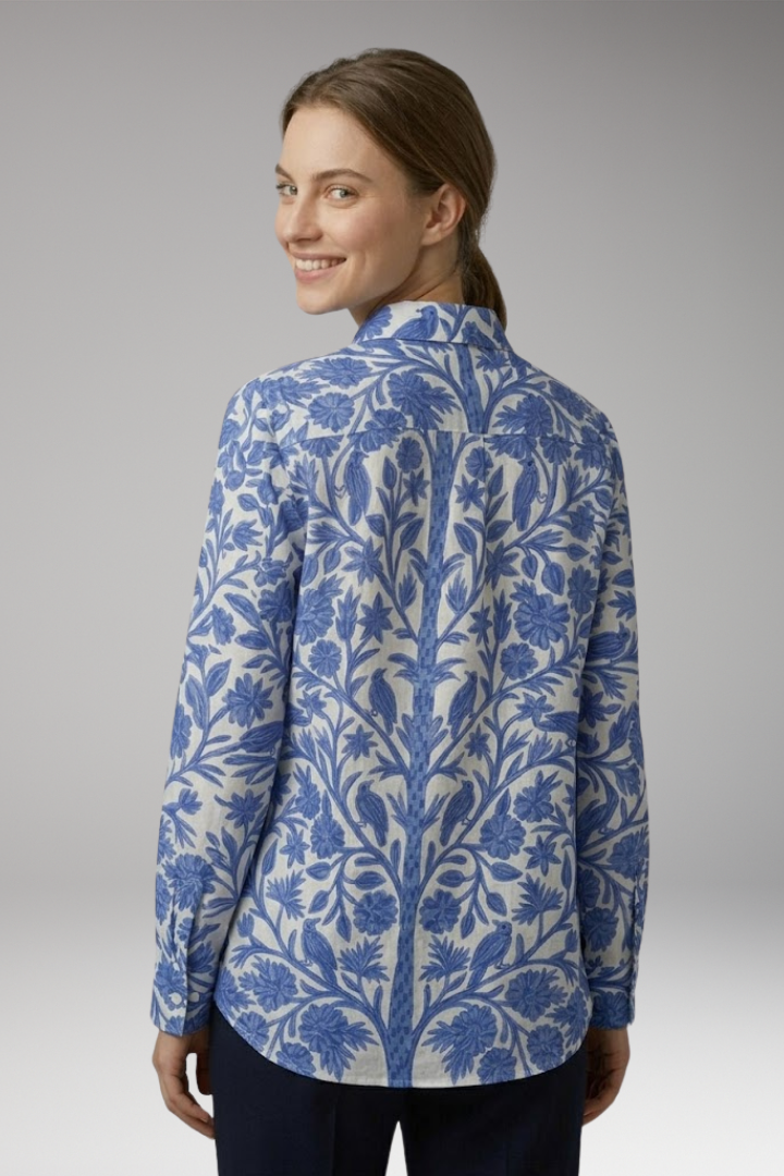 Women's Blouse with Blue Floral and Bird Print