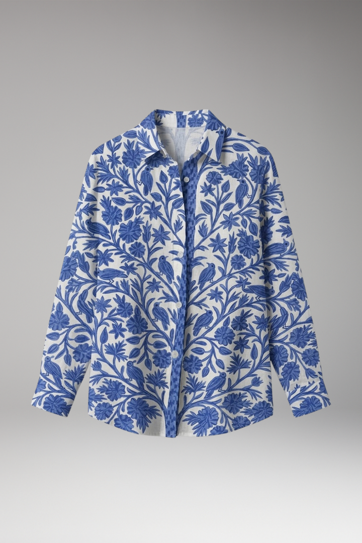 Women's Blouse with Blue Floral and Bird Print