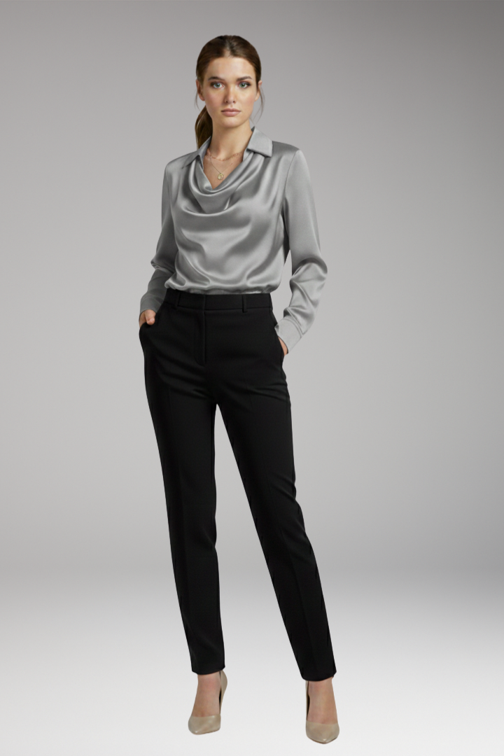 Women's Blouse with Draped Collar and Long Sleeves
