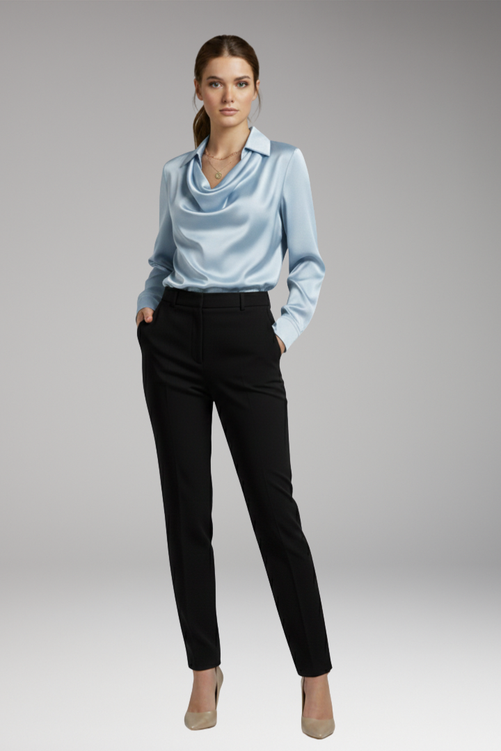 Women's Blouse with Draped Collar and Long Sleeves
