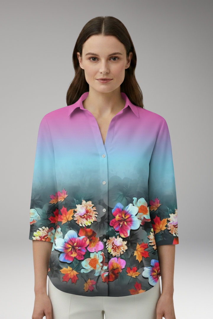 Women's Blouse with Floral Pattern and Button-Up Front