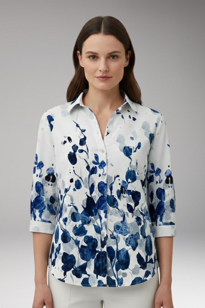 Women's Blouse with Floral Pattern and Button-Up Front