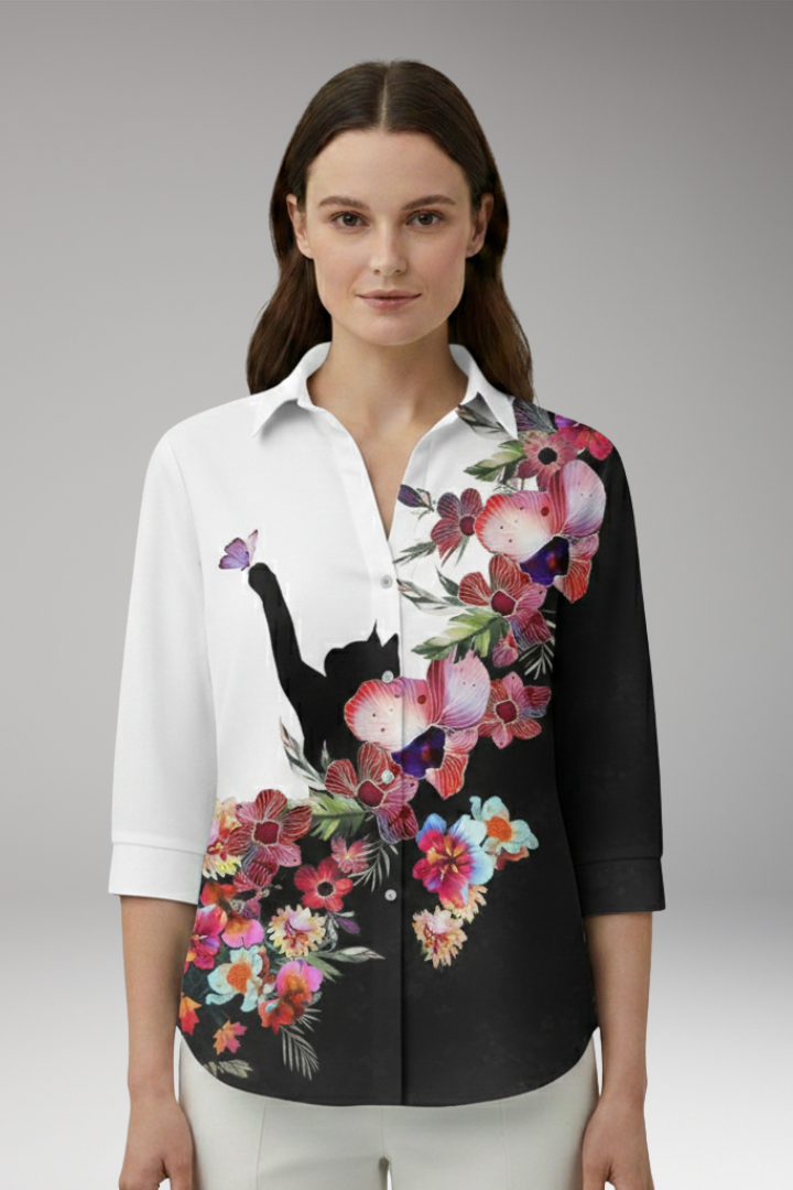 Women's Blouse with Floral Pattern and Button-Up Front