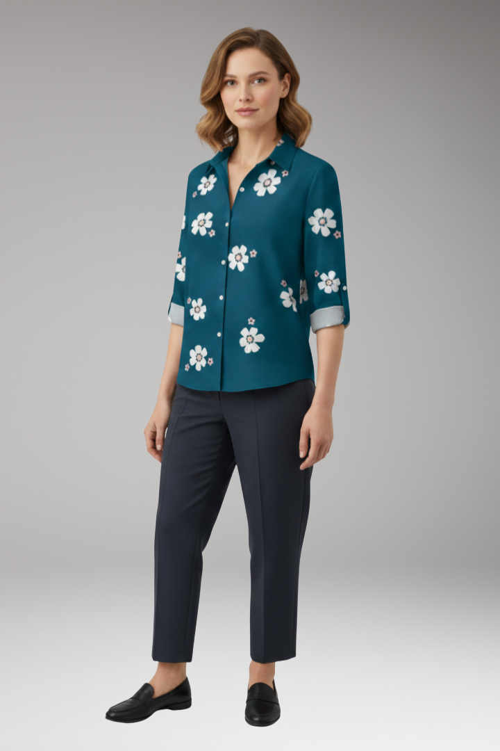 Women's Blouse with Floral Print and Button Placket