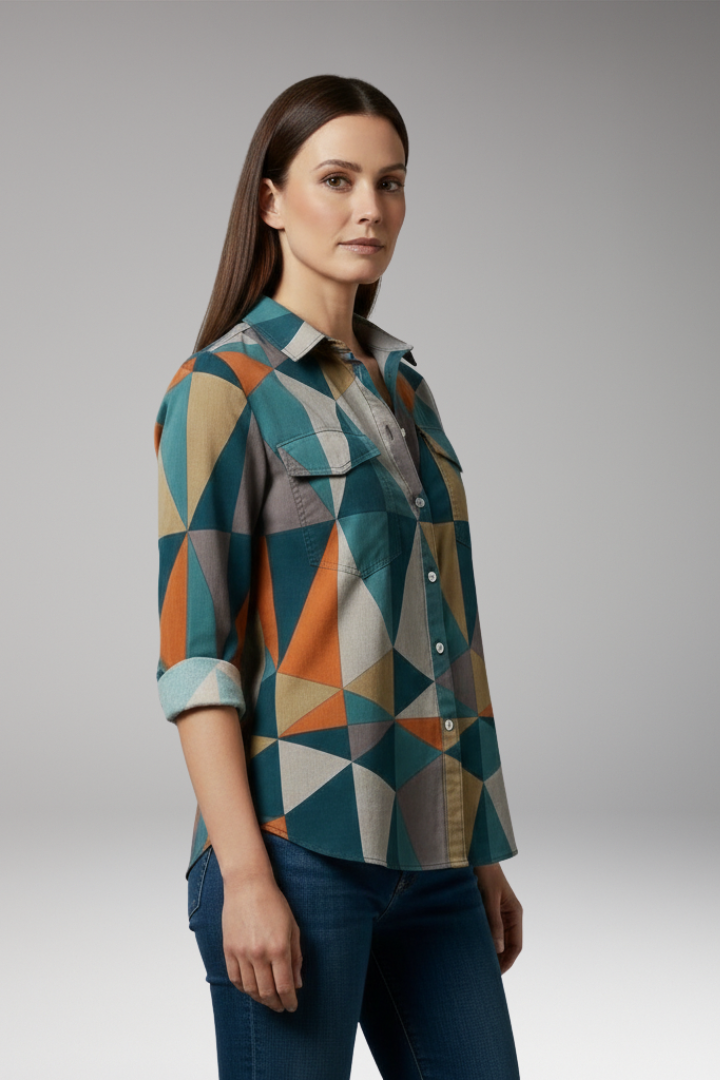 Women's Blouse with Geometric Print and Long Sleeves