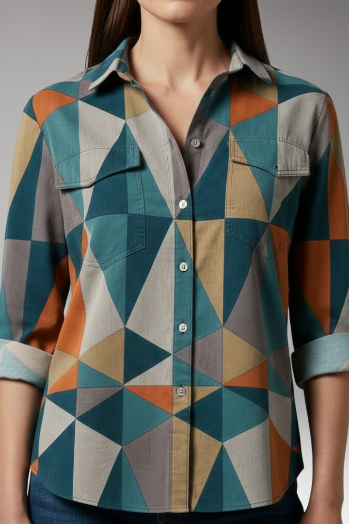 Women's Blouse with Geometric Print and Long Sleeves