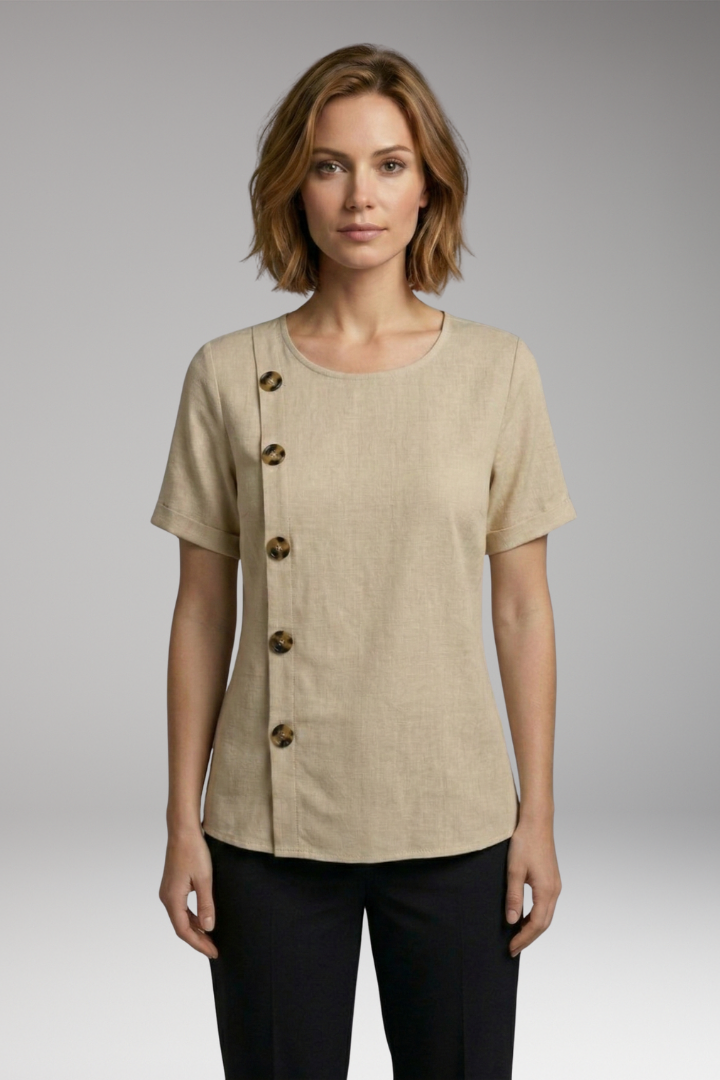 Women's Blouse with Round Neckline and Side Buttons