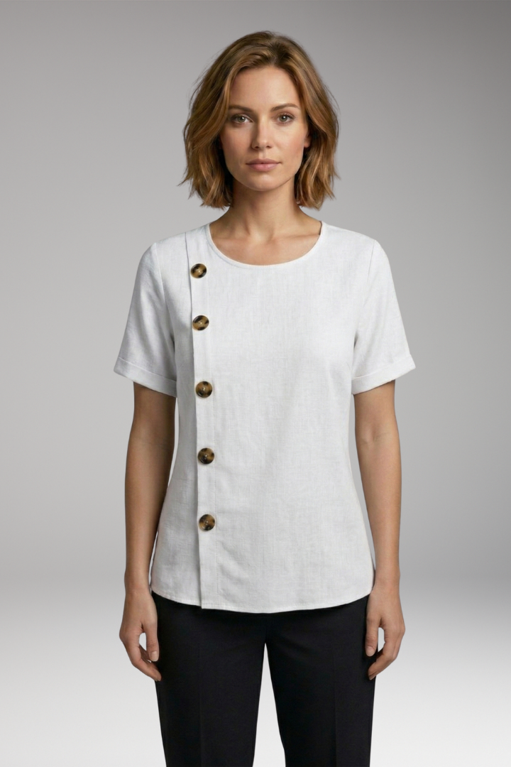 Women's Blouse with Round Neckline and Side Buttons
