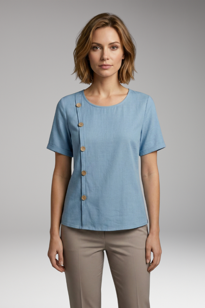 Women's Blouse with Round Neckline and Side Buttons