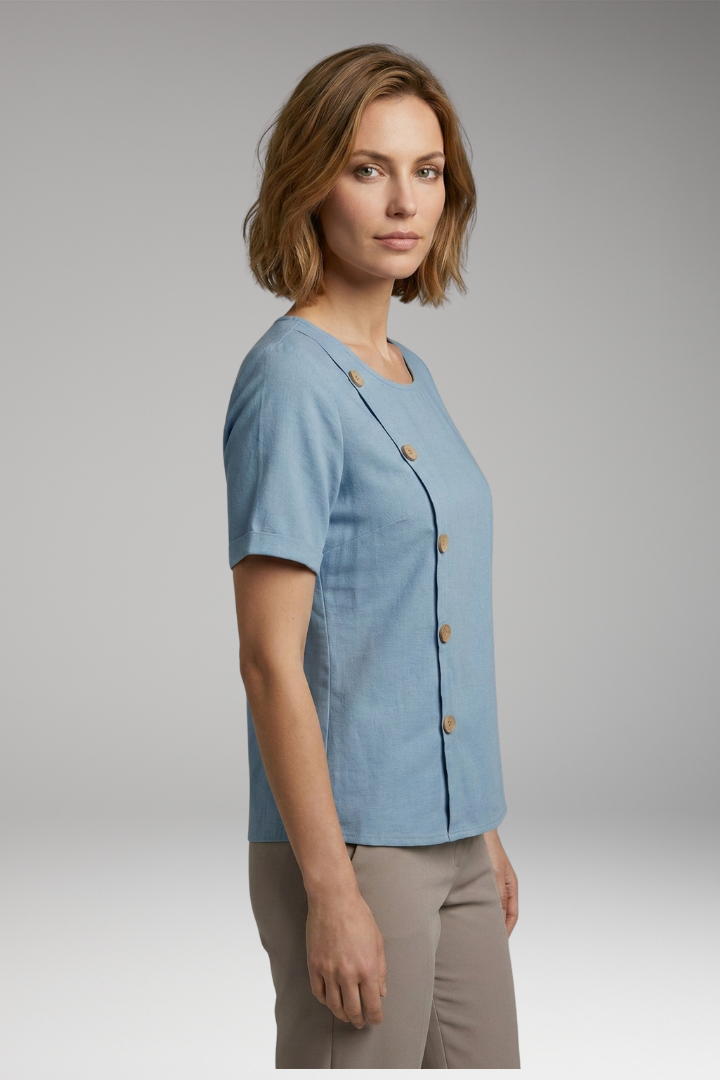 Women's Blouse with Round Neckline and Side Buttons