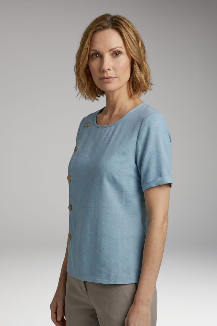 Women's Blouse with Round Neckline and Side Buttons
