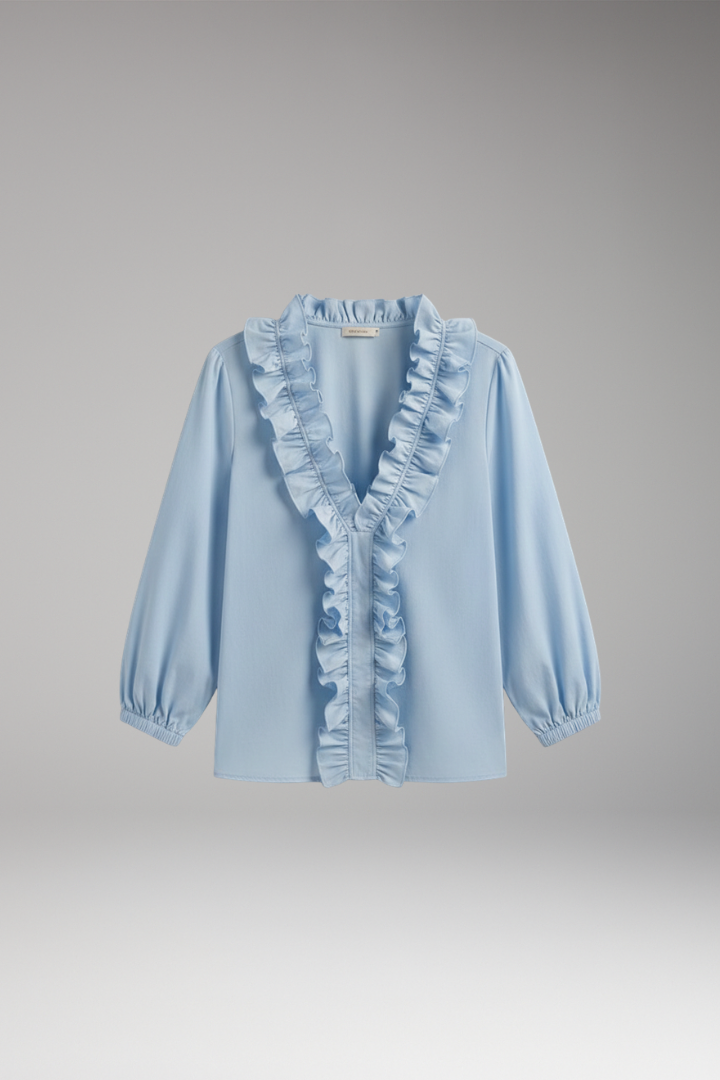 Women's Blouse with Ruffle V-Neck and Long Sleeves