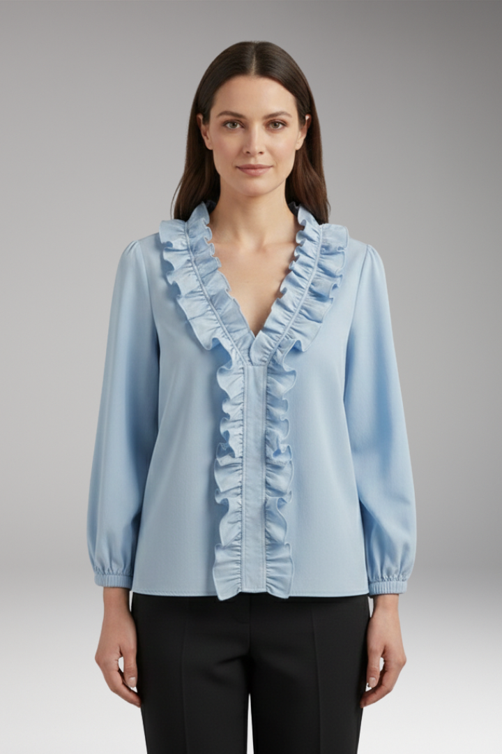 Women's Blouse with Ruffle V-Neck and Long Sleeves