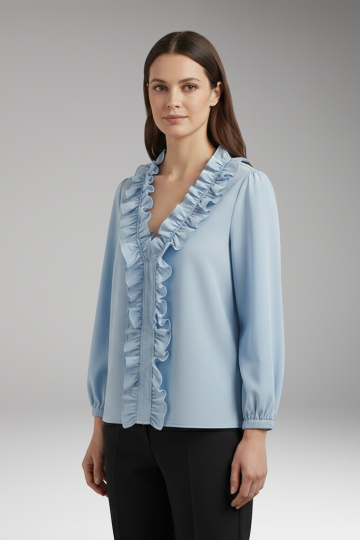 Women's Blouse with Ruffle V-Neck and Long Sleeves