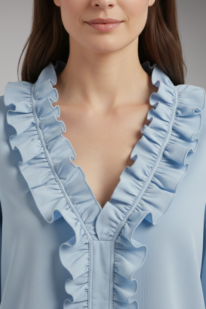 Women's Blouse with Ruffle V-Neck and Long Sleeves