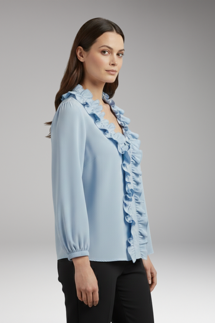 Women's Blouse with Ruffle V-Neck and Long Sleeves