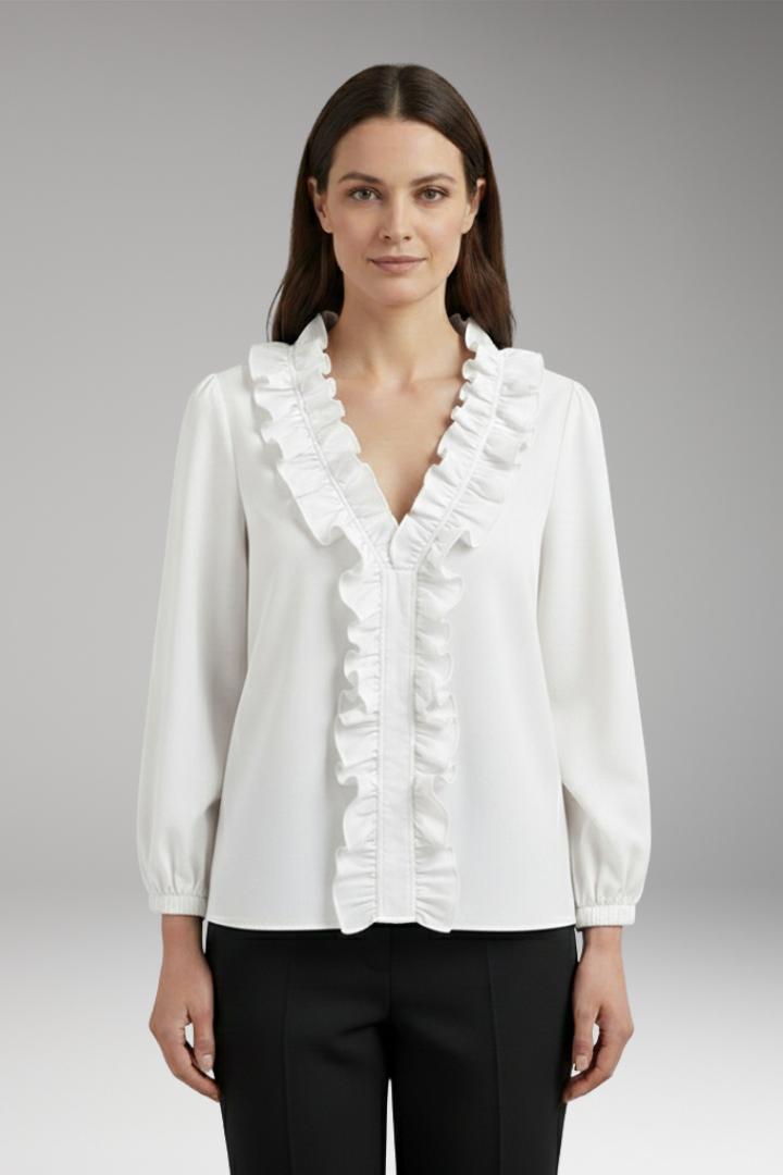 Women's Blouse with Ruffle V-Neck and Long Sleeves